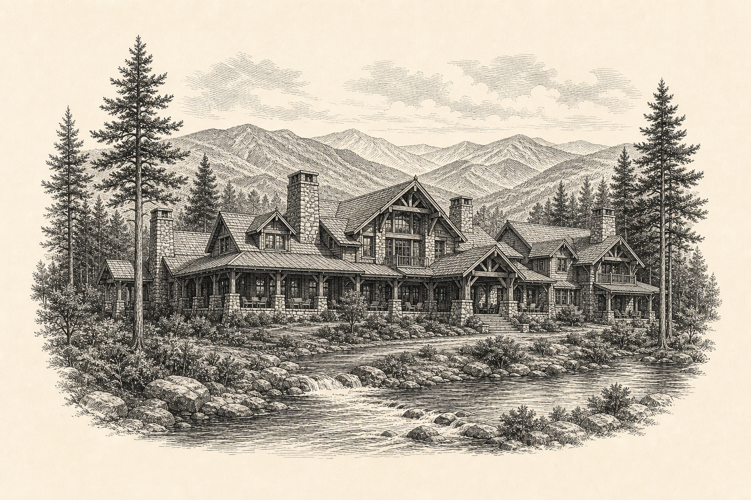 Vintage engraved sketch of a grand luxury Blue Ridge mountain lodge estate