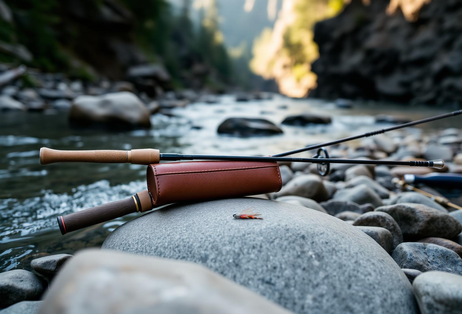 Fly rod on river stones