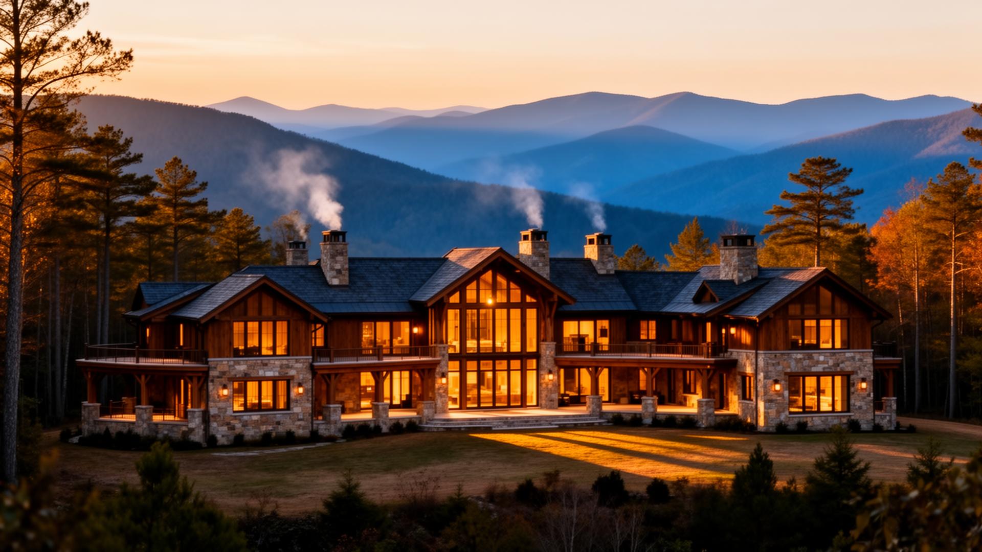 A luxury Blue Ridge mountain lodge at golden hour, windows glowing warm