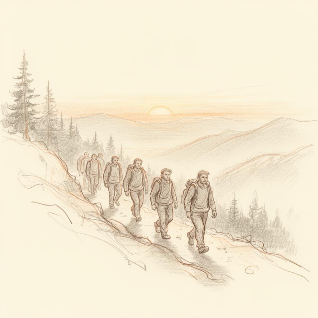 Sketch of men walking single file along a mountain ridge trail at sunrise