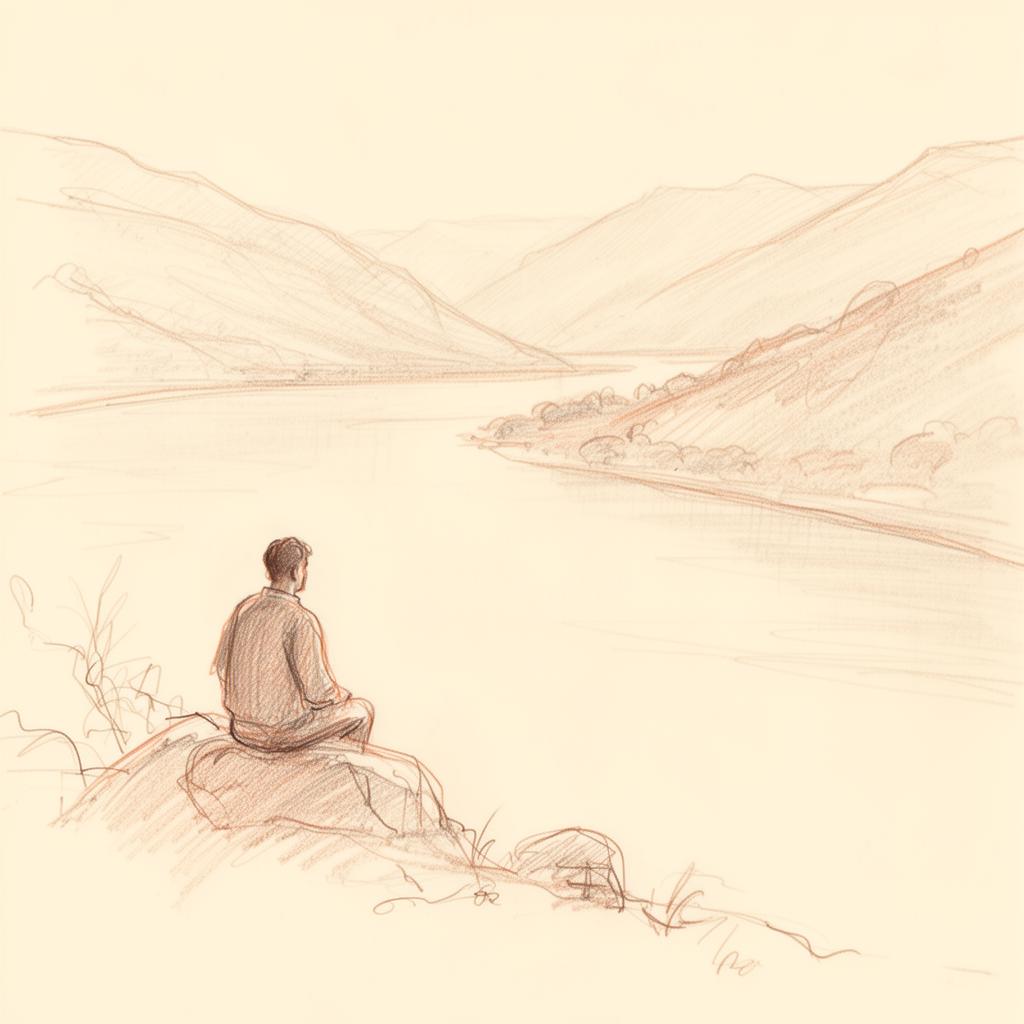 Sketch of a solitary man sitting by a wide river valley at dawn